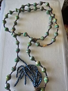 Handmade Green Beaded Paper Bead Necklace